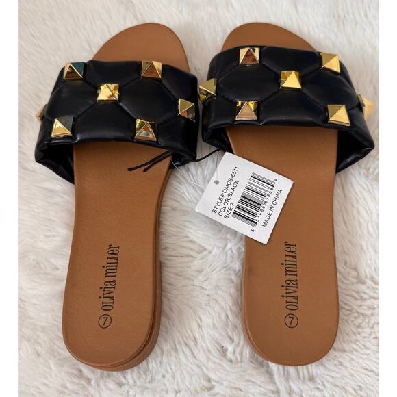 New Olivia Miller Women's Black/Gold Skylar Studded Slide Sandals Size 7 - Picture 7 of 9
